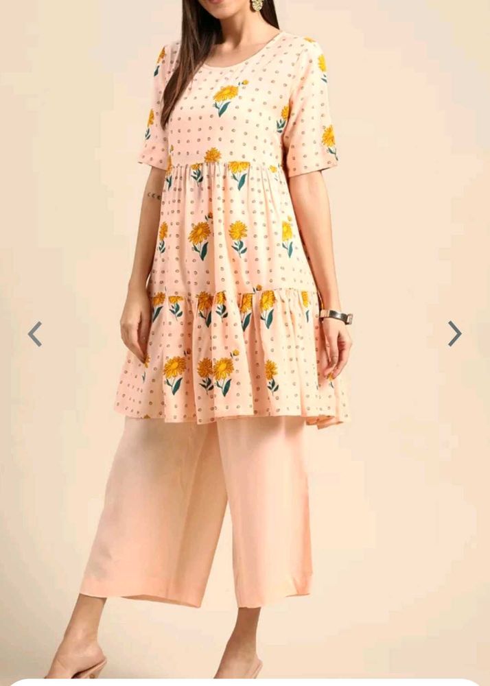 Peach Floral Tiered Kurta Palazzo Set