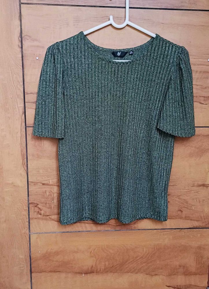 Green Ribbed Puff Sleeve Top