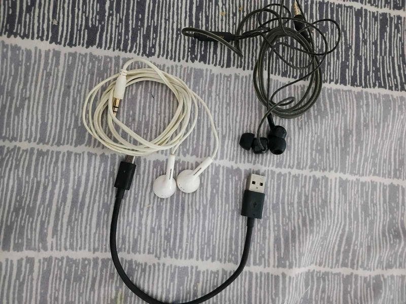 two earphones with mic and a data cable