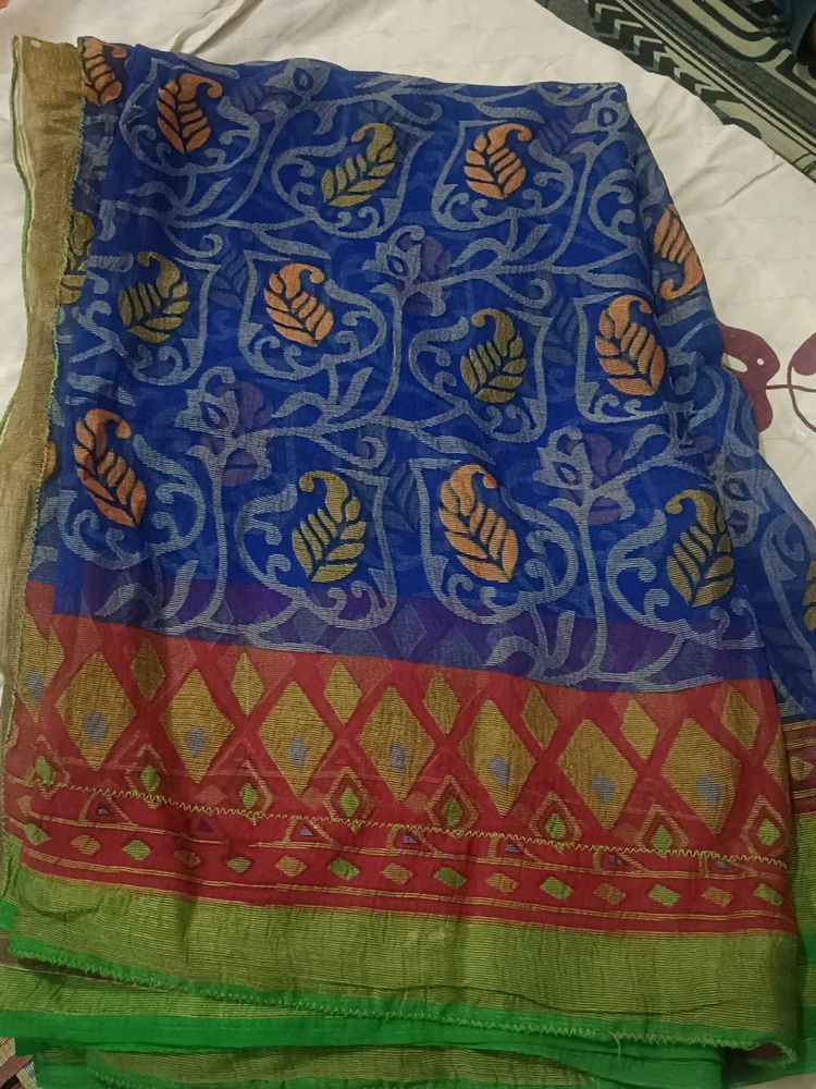 Blue &amp; Red Patterned Saree