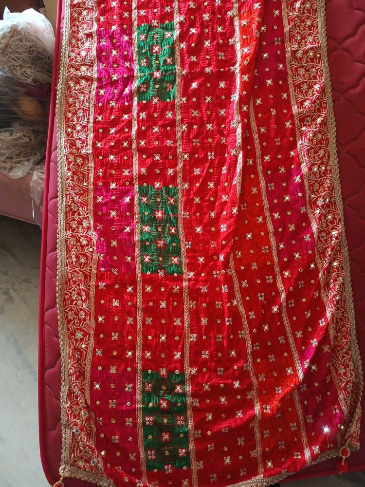 Women Embellished Bridal Bandhani Phulkari Dupatta