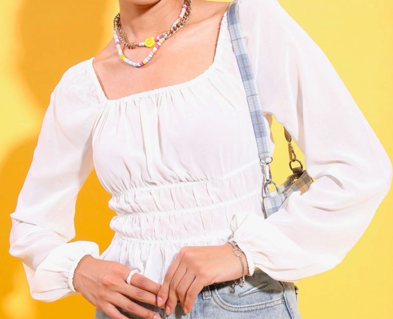 WHITE FULL SLEEVES BARDOT TOP