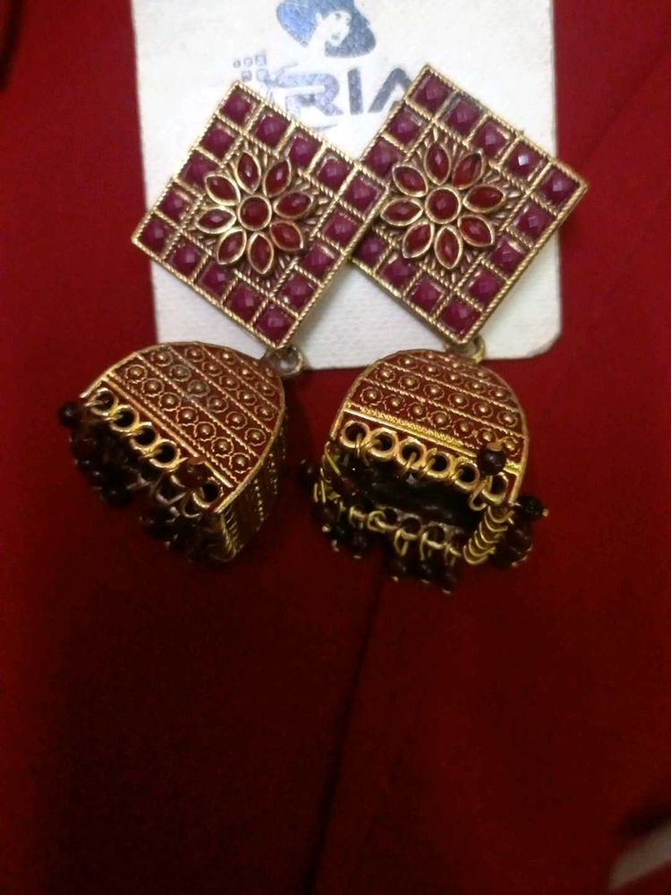 Maroon &amp; Gold Jhumka Earrings