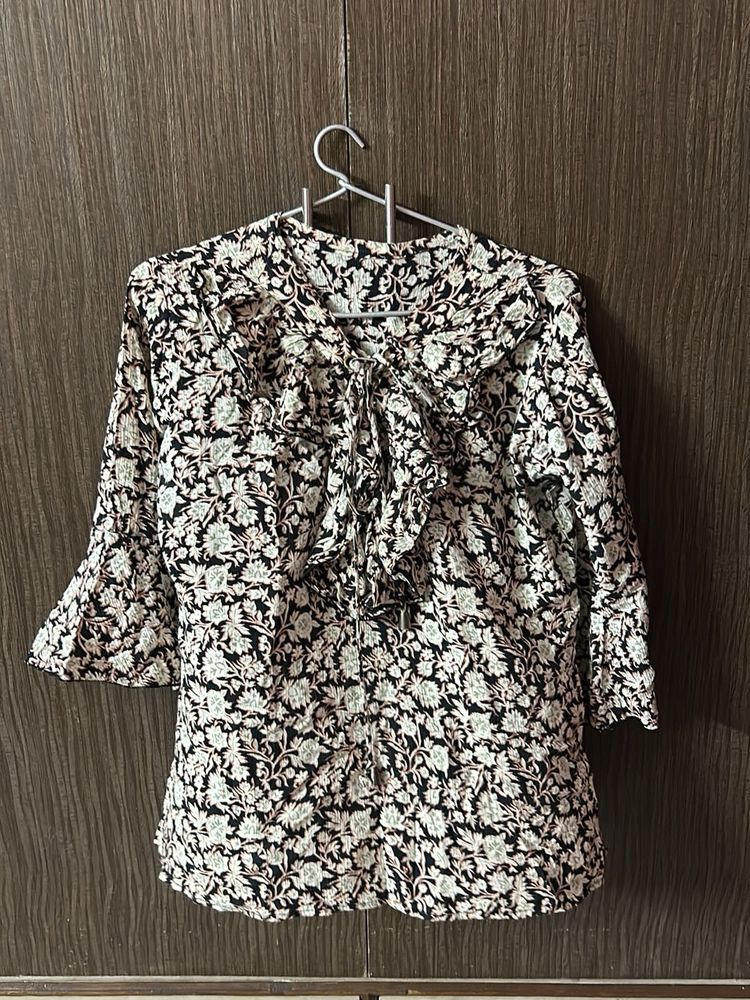 Floral Ruffle Tie-Neck Blouse
