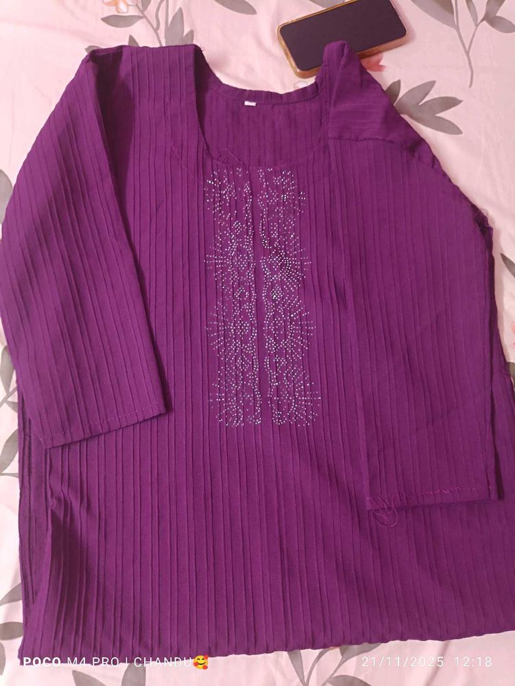 Purple Embroidered Popcorn Kurthi