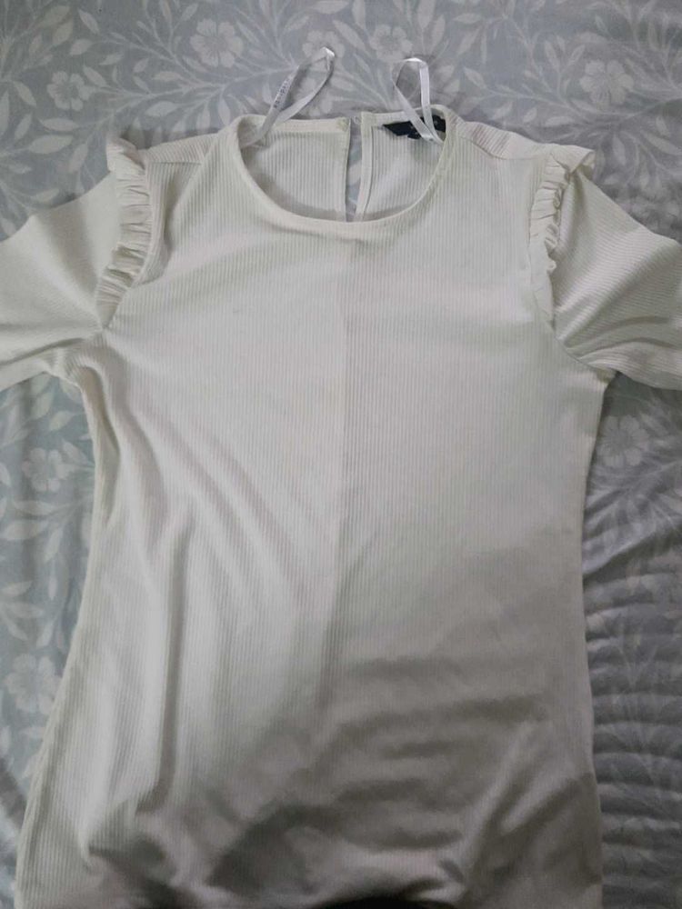 White Ribbed Ruffle Sleeve Top