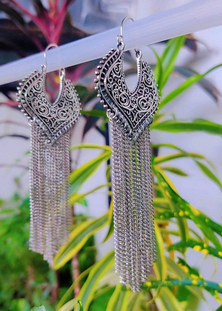 Boho Silver Chain Tassel Earrings