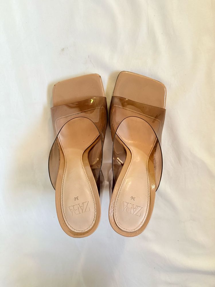 Zara Nude Brown Block Heels