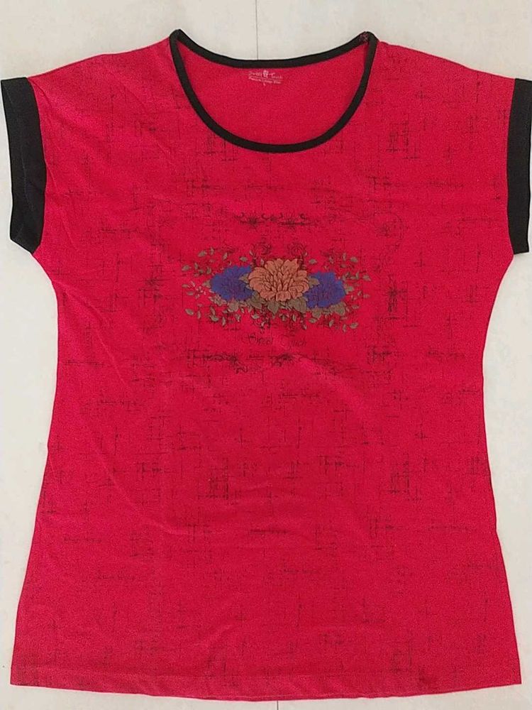 Women Red Colour Longe Wear T Shirt