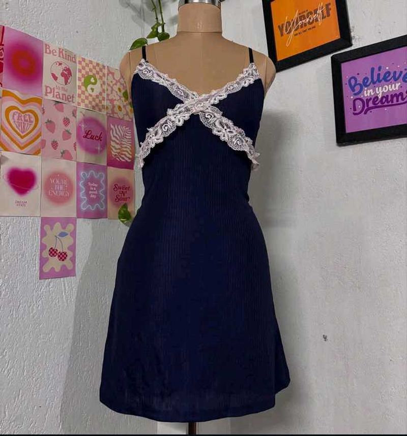 Navy Lace Trim Mini Dress