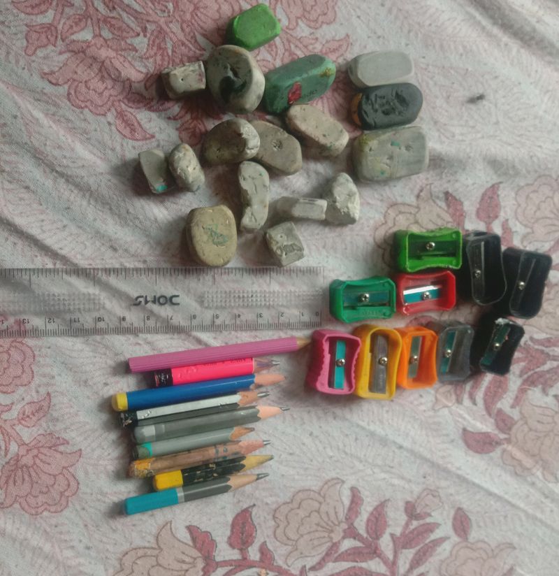 Used Pencil, Eraser, Sharpener And Scale