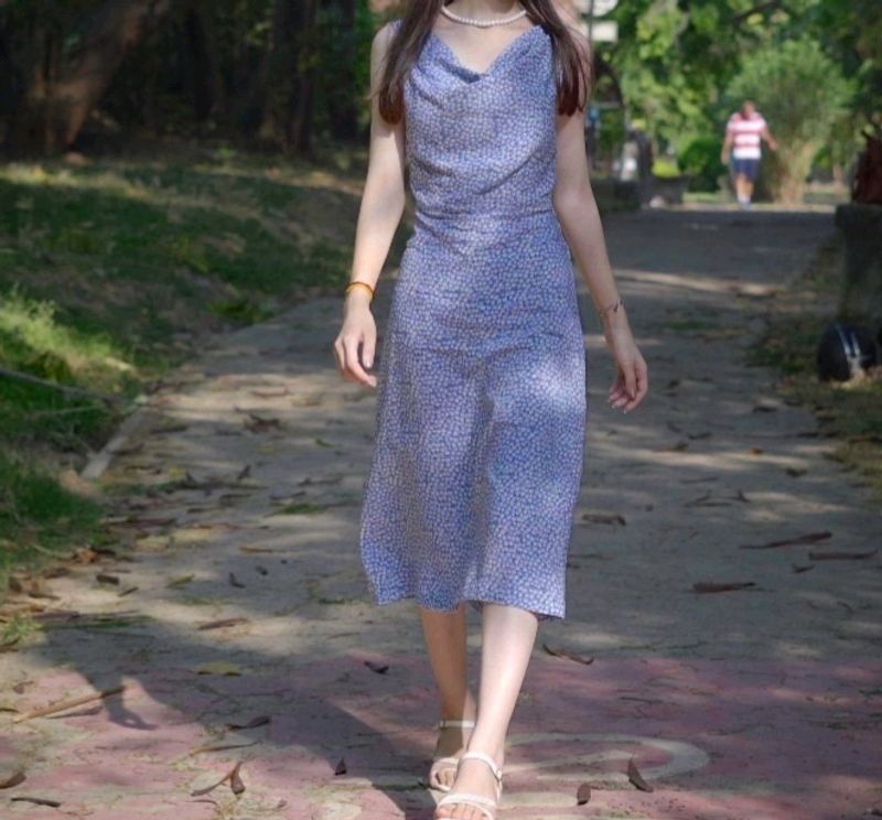 Blue Cowl Neck Floral Bodycon Korean Dress