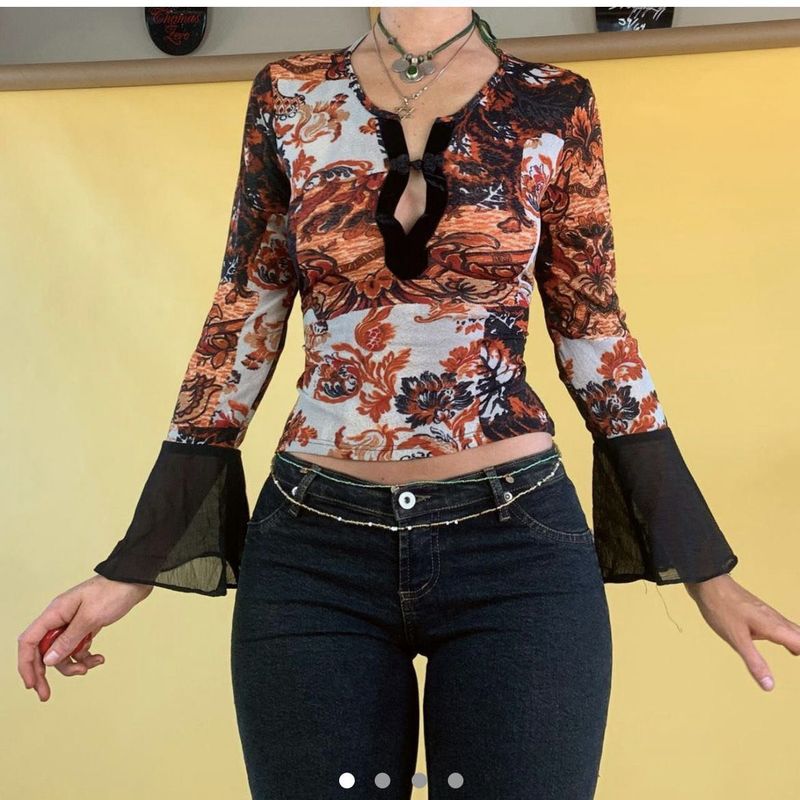 y2k floral semi sheer top