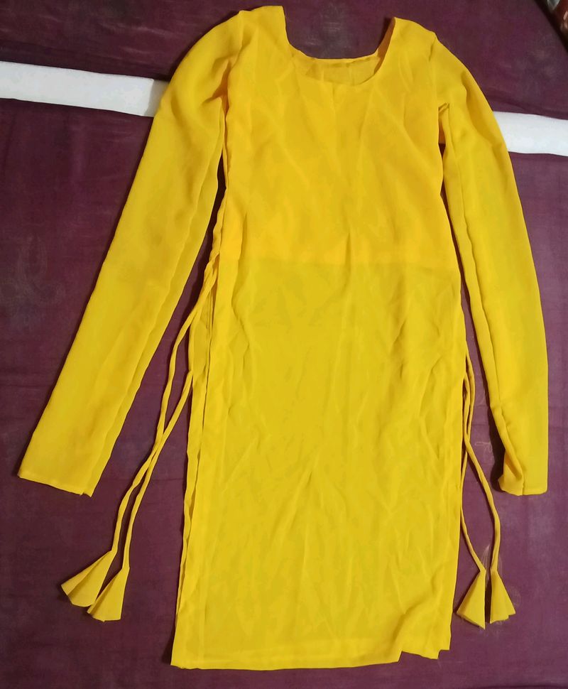 Yellow Kurti With Churidar Sleeves