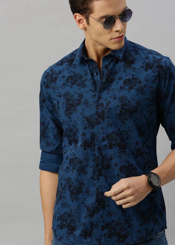 Mast &amp; Harbour Men Navy Blue and Black Floral Prin