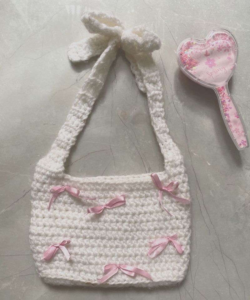 Coquette Crochet Bag With Pink Bow Details