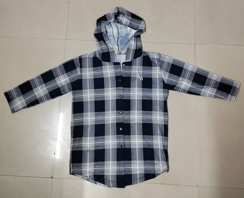 square Pattern Navy Blue Shirt With Attached Hoodie