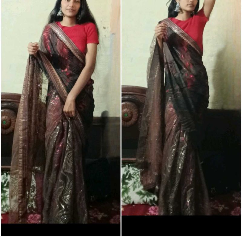 Elegant Brown &amp; Gold Saree