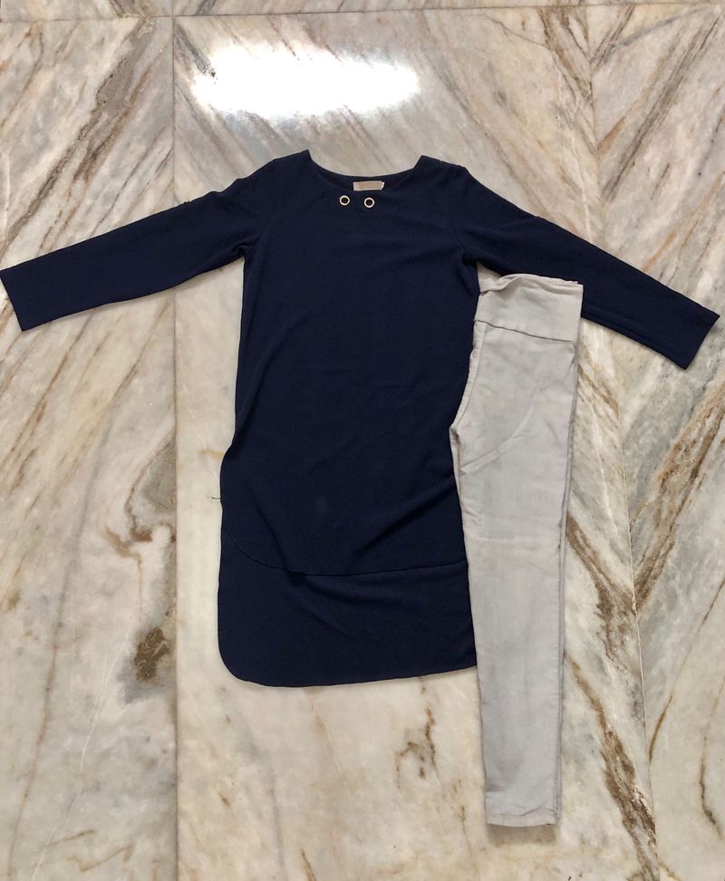 COMBO - NAVY BLUE TOP + GREY STRETCHABLE JEAN