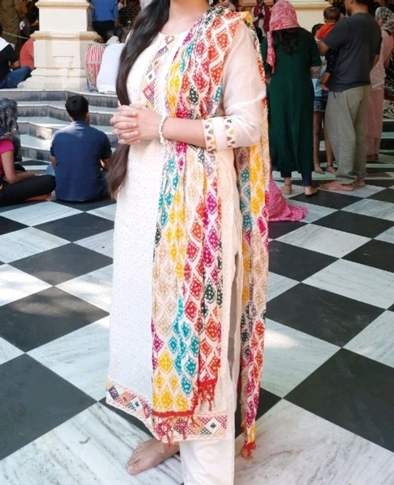 Beautiful White 3 Piece Suit With Multicolour Work