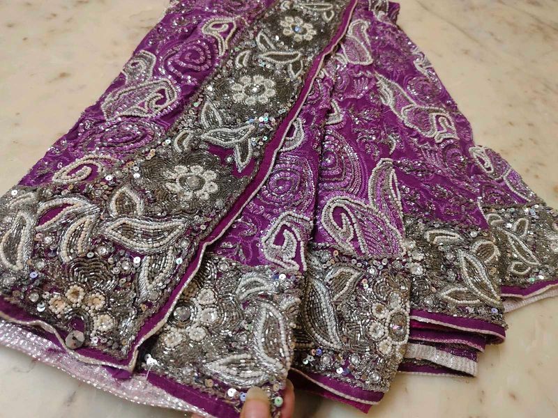 very heavy work purple saree