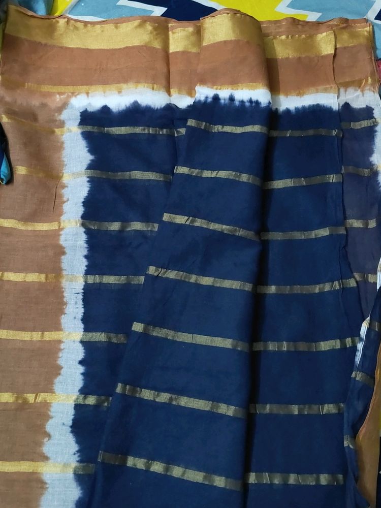 Brown With Navy Blue Pure Cotton Saree