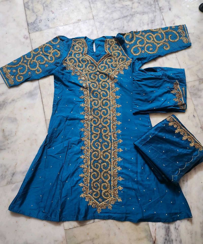 Teal &amp; Gold Embroidered Dress