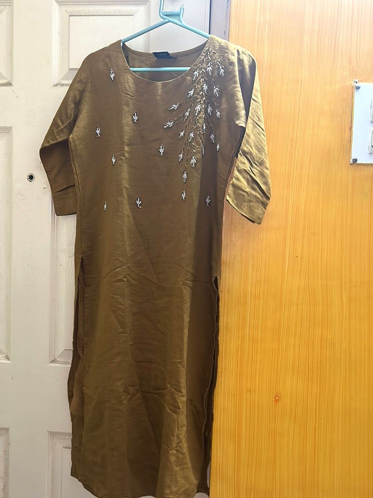 Beautiful Mustard Golden Stiched Pearl kurta