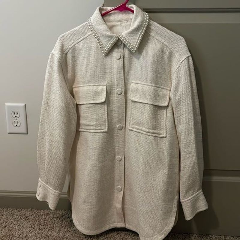 H&amp;M oversized pearl trim collared shirt/jacket