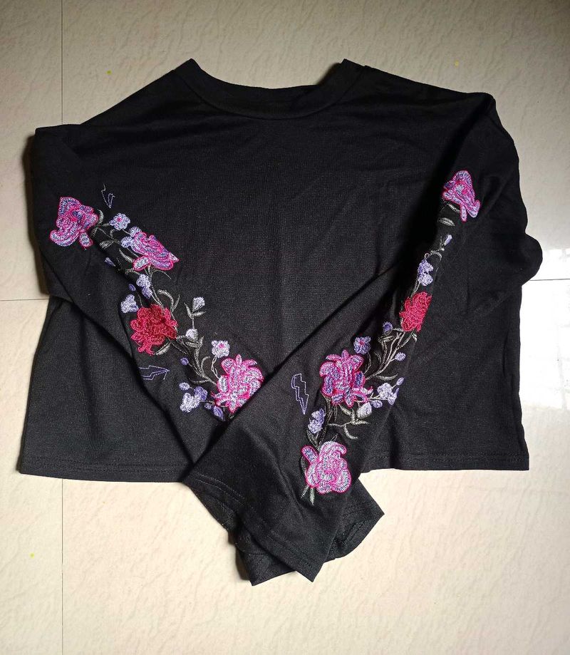 Black Embroidered Crop Top