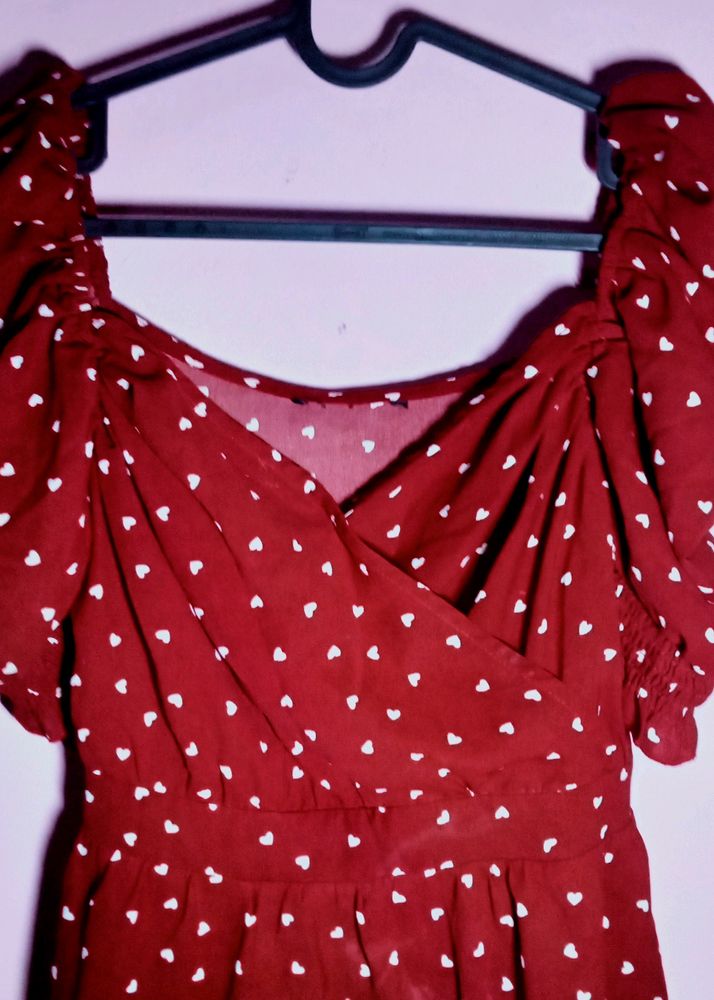 Beautiful Blood Red One Piece Frock With Small Whi