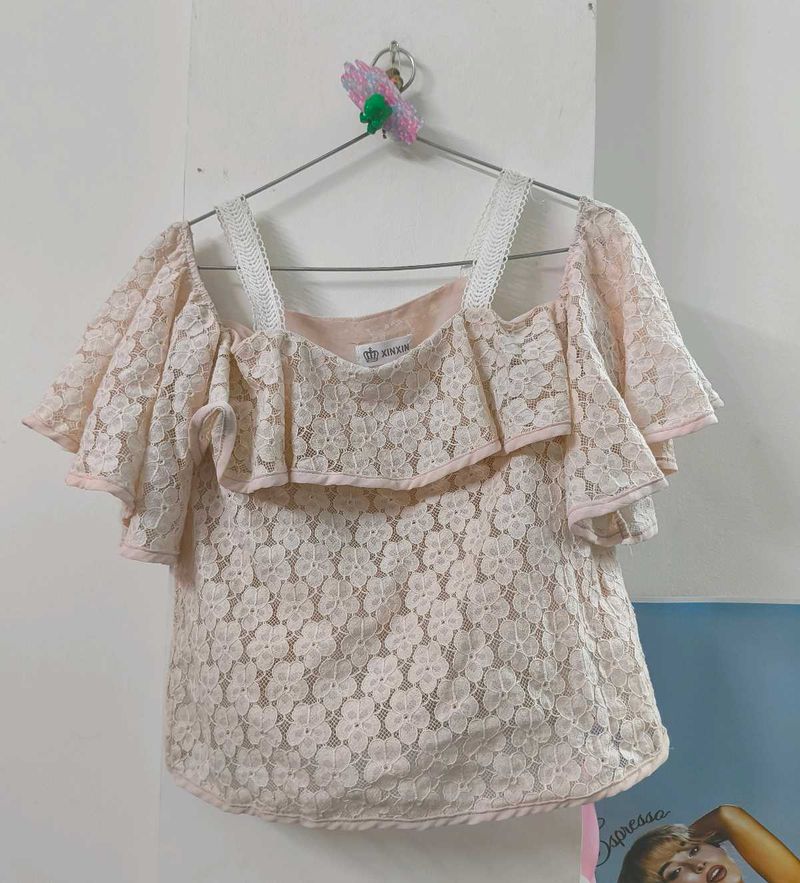 Cream Pink  Lace Cold Shoulder Top