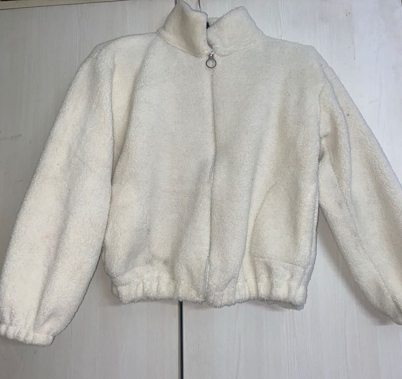 White Fur High Neck Front Zipper Jacket