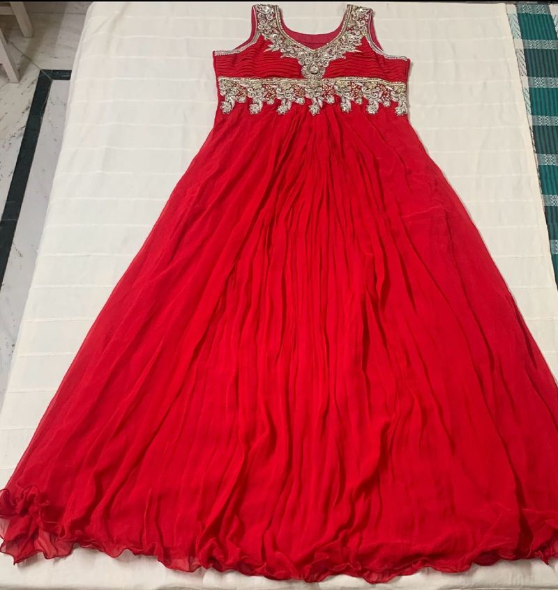 Red Flared Gown/Dress With Heavy Embroidery