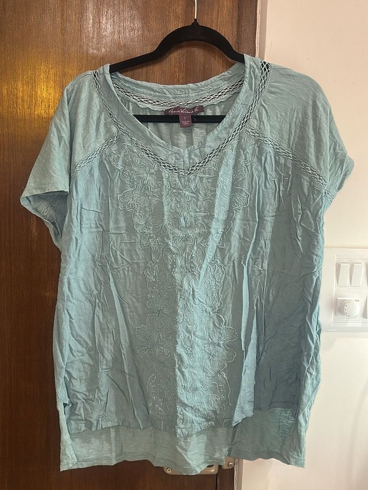 Aqua Embroidered V-Neck Top