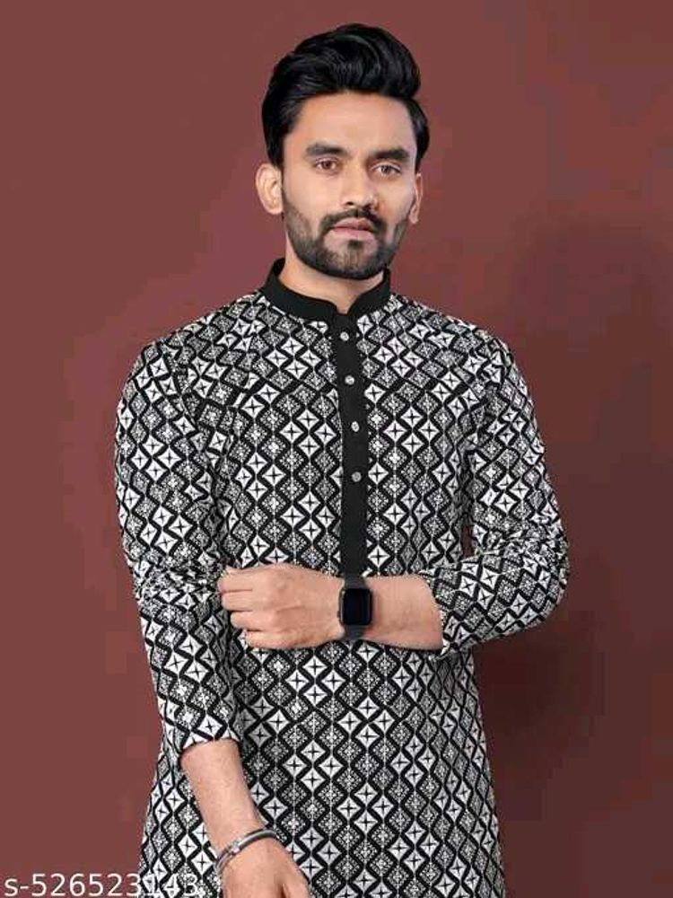 Black &amp; White Geometric Print Kurta