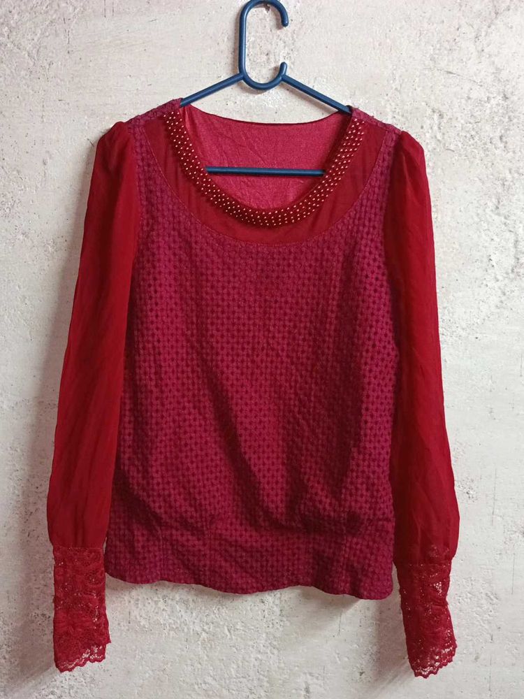 Stylish Beaded Neckline Blouse Top Layered Red ♥️