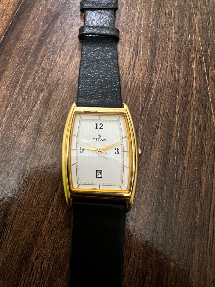 Titan Gold-Tone &amp; Black Leather Strap Watch