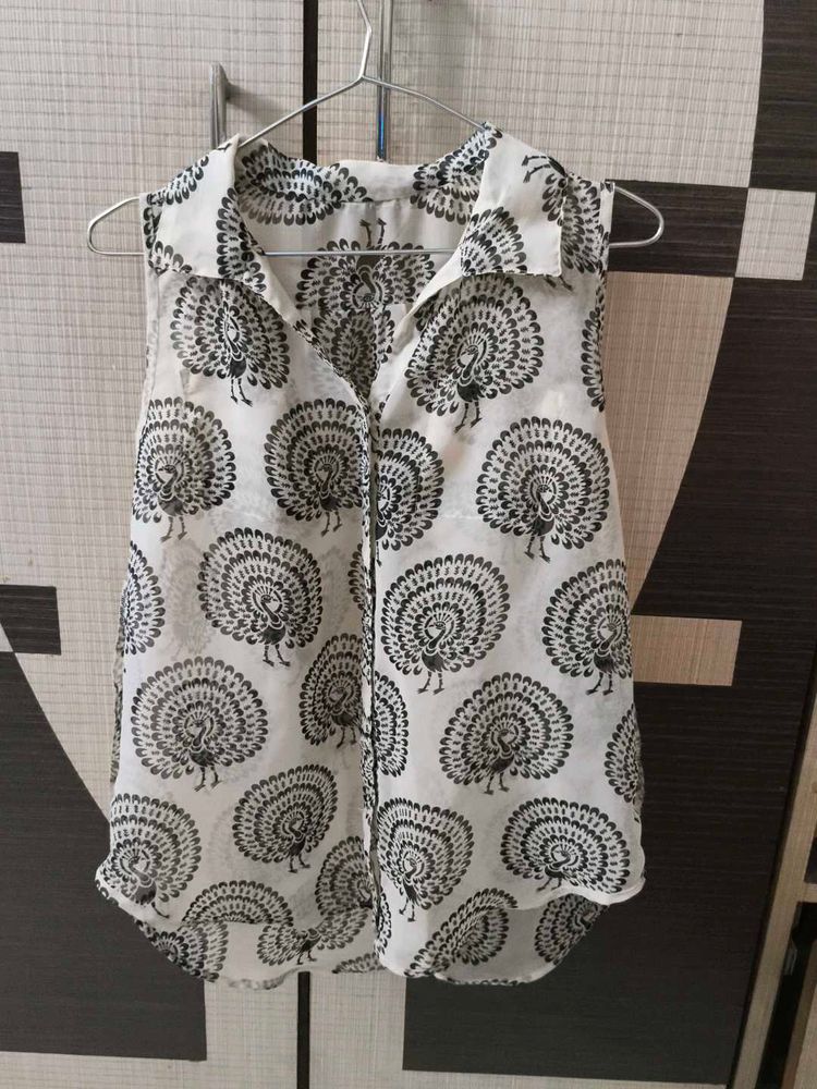 Semi Transparent Peacock Print Sleevless Top