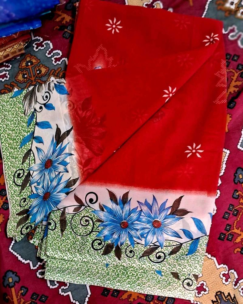 Red Floral Georgette Saree (New)