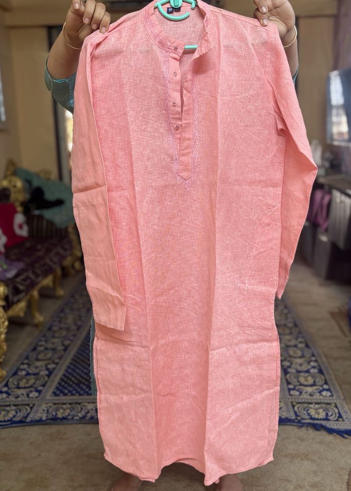 NEW khadi Cotton Peach Self Embroidered Mens Kurta