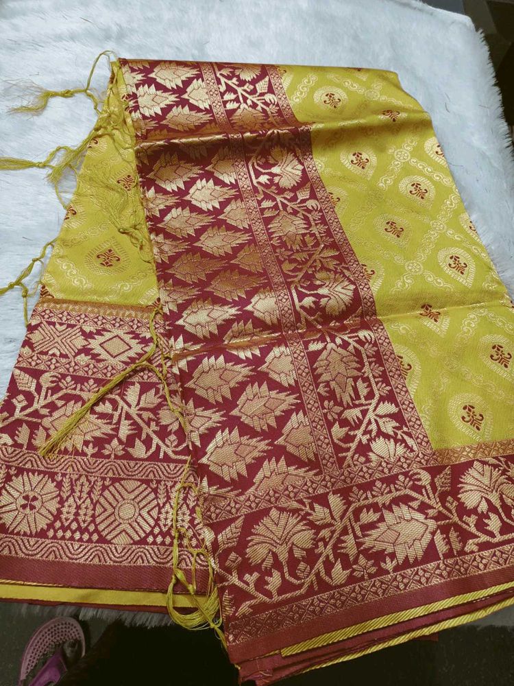 Yellow &amp; Red Banarasi Silk Saree