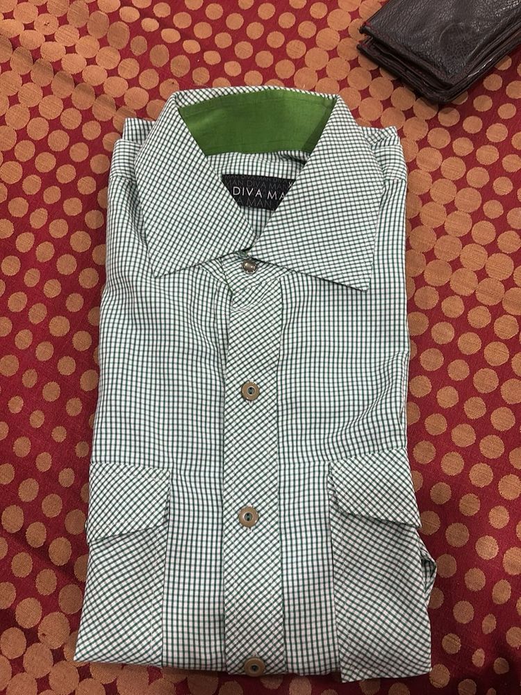 Green N White Checked Cargo Shirt
