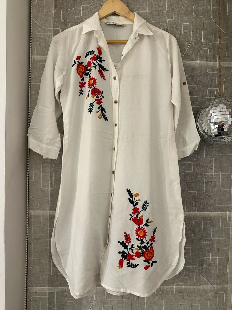Embroidered White Shirt Dress