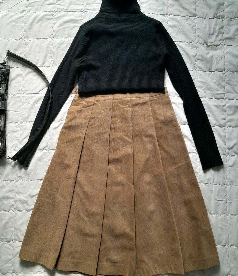 Brown Suede Velvet Pleated Skirt Light Academia
