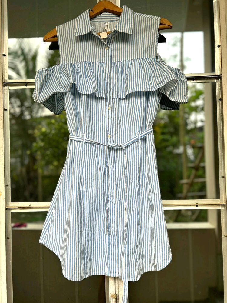 Cold Shoulder Stripy Button Down Dress
