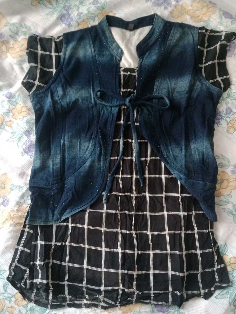 Girls Black Checkered Dress with Jacket