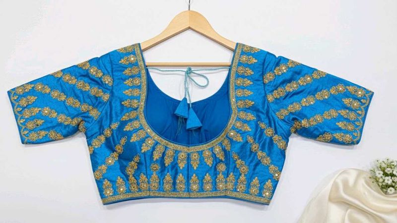 Aqua Blue Embroidered Saree Blouse