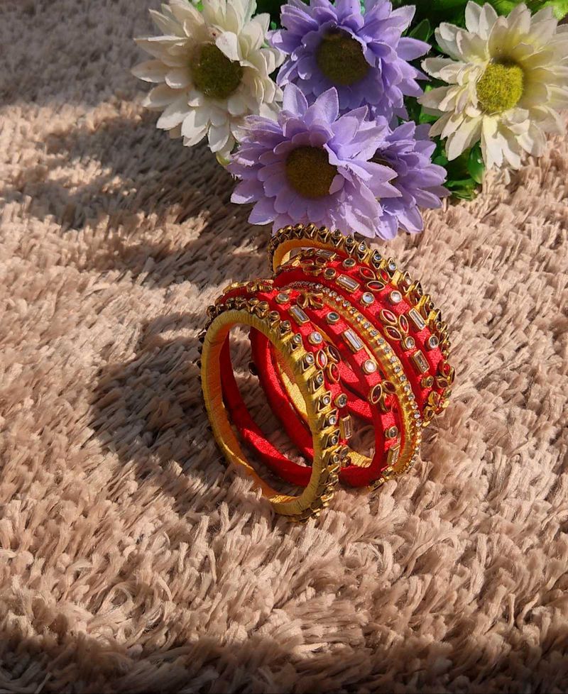 Red &amp; Gold Embellished Bangle Set