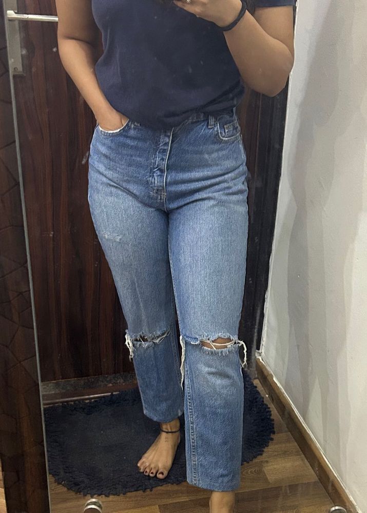 Women Mid Rise Blue Distressed Jeans